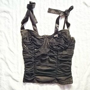 Black Ruched Sleeveless Mob Wife Top with Tie Front